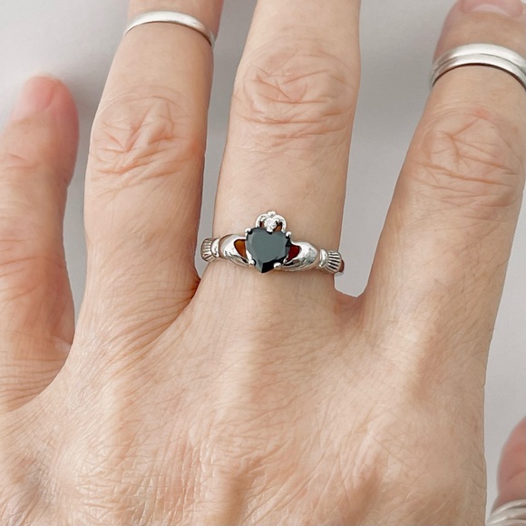 Sterling Silver Claddagh Black CZ Ring, Silver Rings, Irish Ring, Heart Ring - Picture 14 of 16